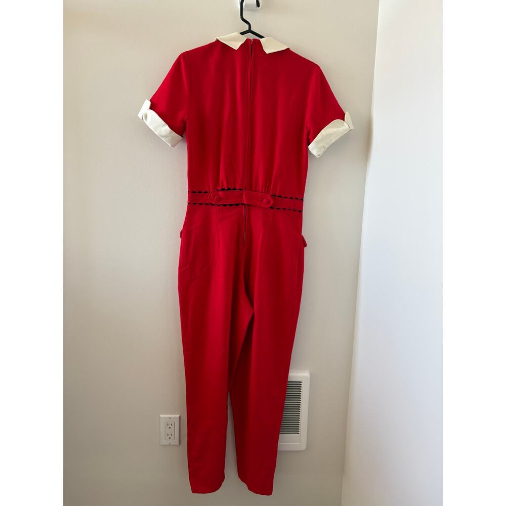 VTG 1960 Red Wool Hostess Jumpsuit Size S Peter Pan Collar Rick Rack - Picture 3 of 9